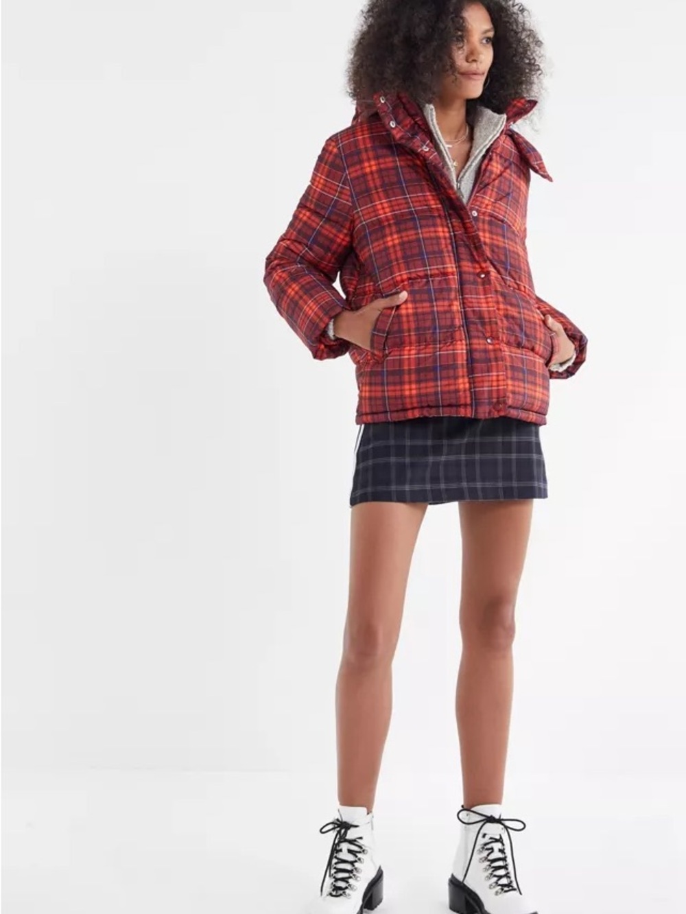 Urban Outfitters Women's Riley Red Orange Plaid Hooded Puffer Jacket Size XS